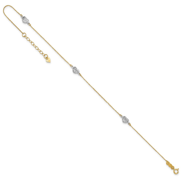 14k Two-tone Polished Diamond-cut Triple Puffed Hearts Anklet Plus Heart Dangle Extender