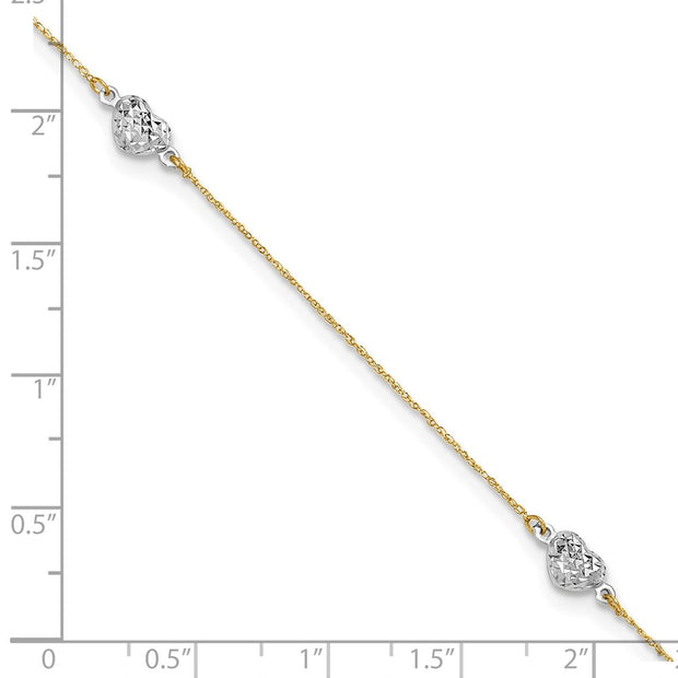 14k Two-tone Polished Diamond-cut Triple Puffed Hearts Anklet Plus Heart Dangle Extender