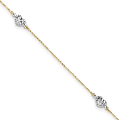 14k Two-tone Polished Diamond-cut Triple Puffed Hearts Anklet Plus Heart Dangle Extender