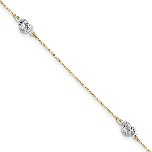 14k Two-tone Polished Diamond-cut Triple Puffed Hearts Anklet Plus Heart Dangle Extender