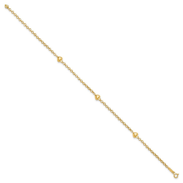 14k Polished Puffed Heart 3-Station Anklet