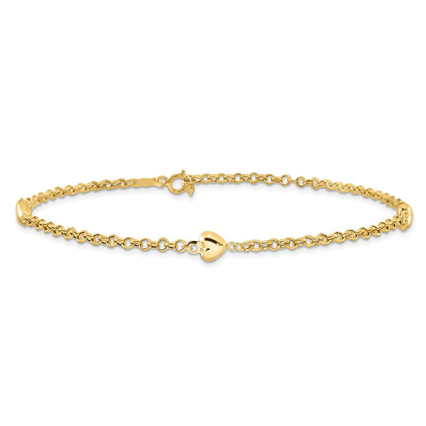 14k Polished Puffed Heart 3-Station Anklet