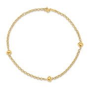 14k Polished Puffed Heart 3-Station Anklet