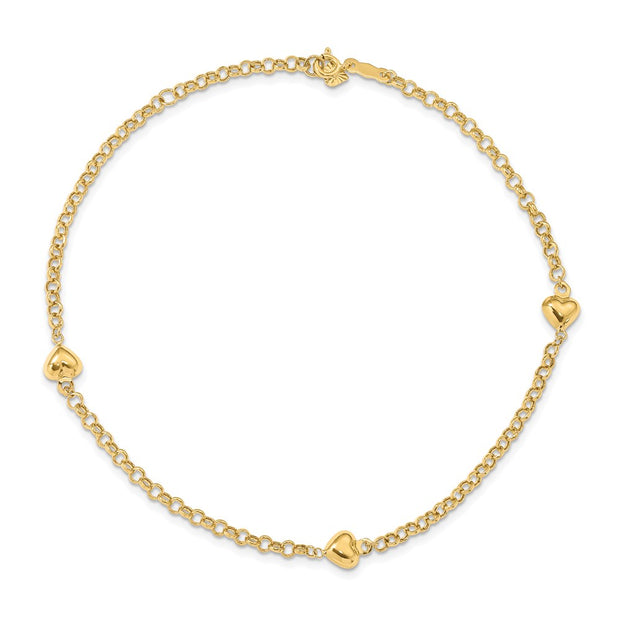 14k Polished Puffed Heart 3-Station Anklet