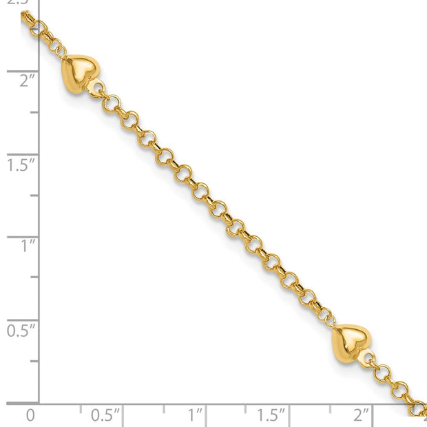 14k Polished Puffed Heart 3-Station Anklet