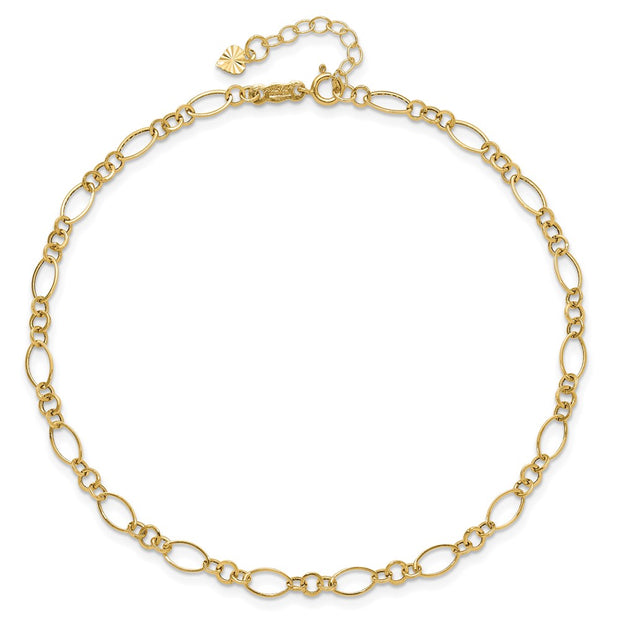 14k Fancy Figaro Link Anklet Plus Heart Dangle Extender