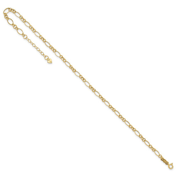 14k Fancy Figaro Link Anklet Plus Heart Dangle Extender