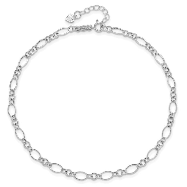 14k White Gold Fancy Figaro Link Anklet Plus Heart Dangle Extender