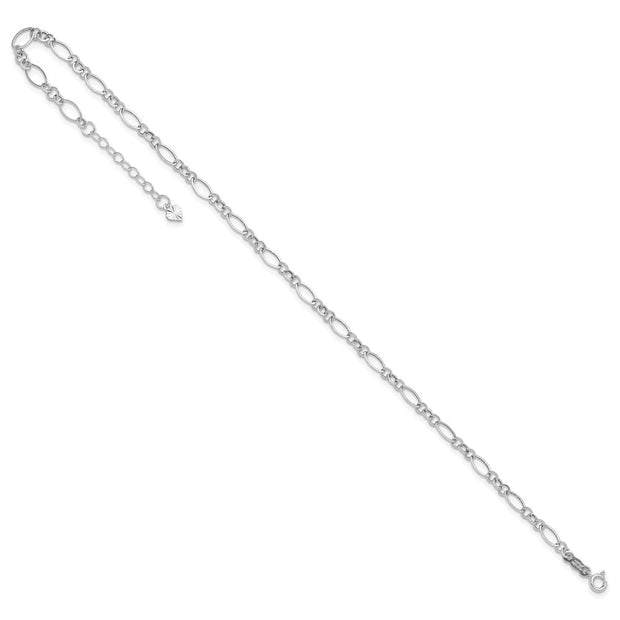 14k White Gold Fancy Figaro Link Anklet Plus Heart Dangle Extender