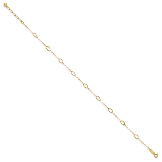 14k Textured Oval Shapes Anklet Plus Heart Dangle Extender