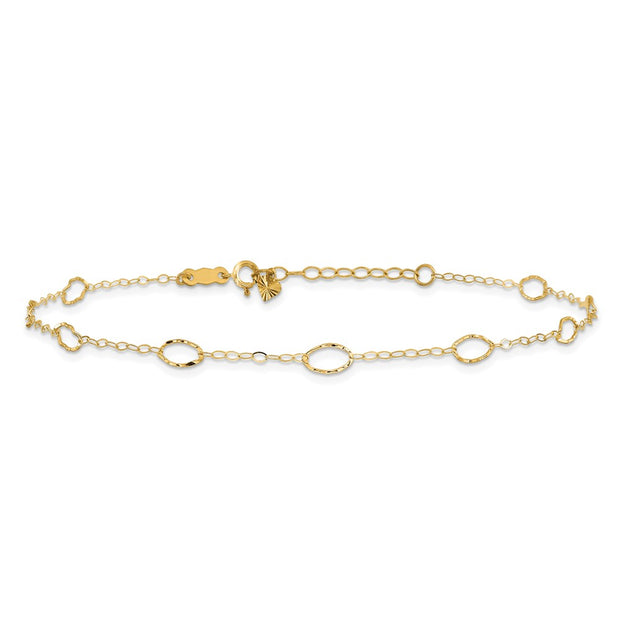 14k Textured Oval Shapes Anklet Plus Heart Dangle Extender
