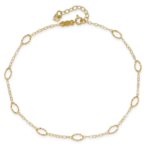 14k Textured Oval Shapes Anklet Plus Heart Dangle Extender