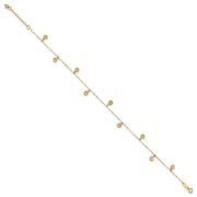 14k Textured and Polished Hollow Dangle Circles Anklet Plus Heart Dangle Extender