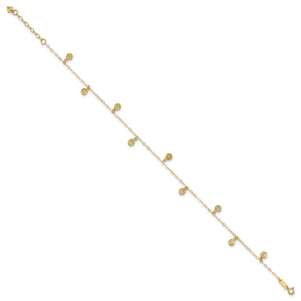 14k Textured and Polished Hollow Dangle Circles Anklet Plus Heart Dangle Extender