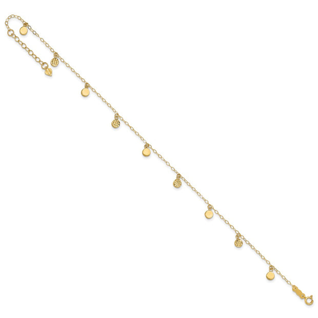 14k Textured and Polished Hollow Dangle Circles Anklet Plus Heart Dangle Extender