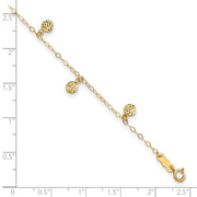 14k Textured and Polished Hollow Dangle Circles Anklet Plus Heart Dangle Extender