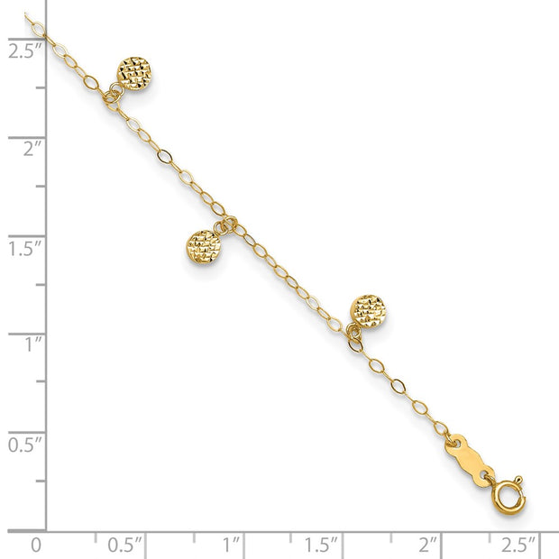 14k Textured and Polished Hollow Dangle Circles Anklet Plus Heart Dangle Extender