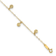 14k Textured and Polished Hollow Dangle Circles Anklet Plus Heart Dangle Extender