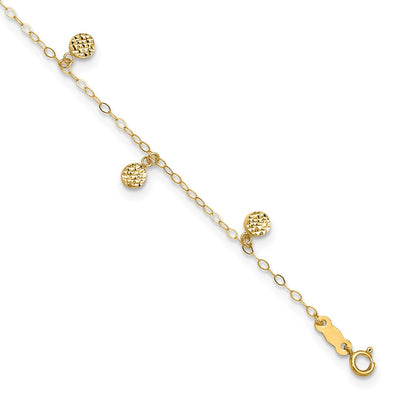 14k Textured and Polished Hollow Dangle Circles Anklet Plus Heart Dangle Extender