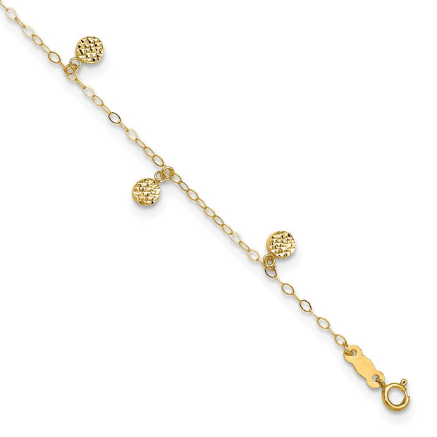 14k Textured and Polished Hollow Dangle Circles Anklet Plus Heart Dangle Extender