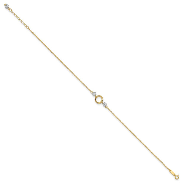 14k Two-tone Circle and Diamond-cut Beads Anklet Plus Bead Dangle Extender