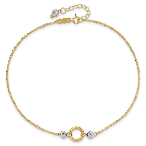 14k Two-tone Circle and Diamond-cut Beads Anklet Plus Bead Dangle Extender
