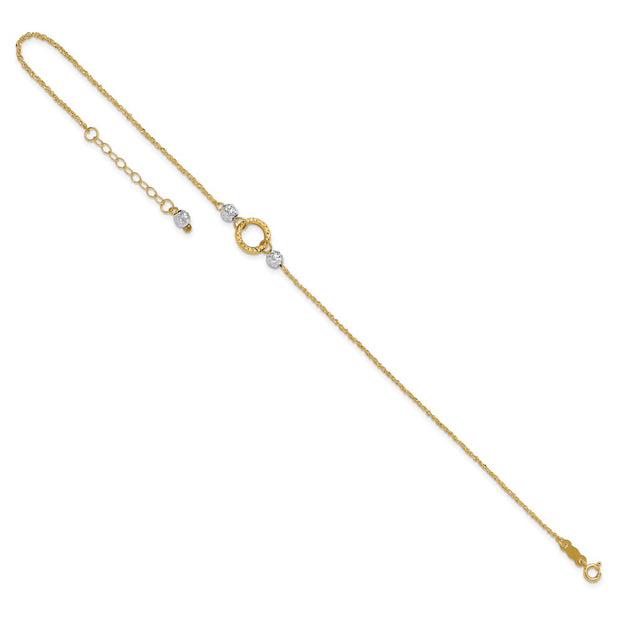 14k Two-tone Circle and Diamond-cut Beads Anklet Plus Bead Dangle Extender