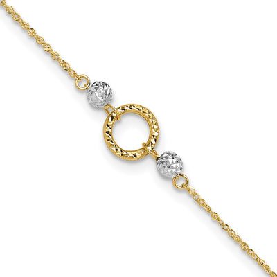 14k Two-tone Circle and Diamond-cut Beads Anklet Plus Bead Dangle Extender