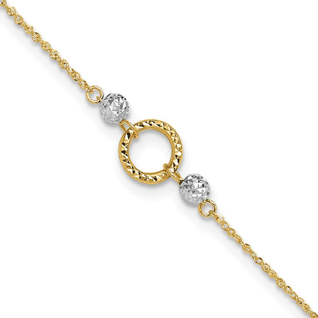14k Two-tone Circle and Diamond-cut Beads Anklet Plus Bead Dangle Extender