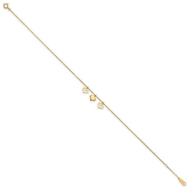 14k 3 Heart Dangles Anklet Plus Extender