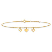 14k 3 Heart Dangles Anklet Plus Extender