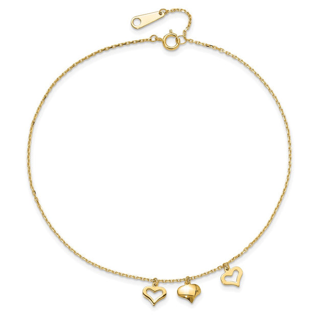 14k 3 Heart Dangles Anklet Plus Extender