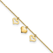14k 3 Heart Dangles Anklet Plus Extender