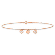 14k Rose Gold 3 Heart Dangles Anklet Plus Extender