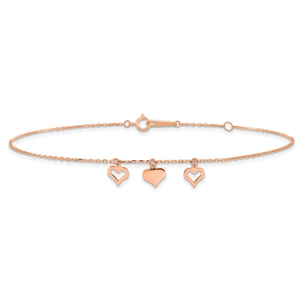 14k Rose Gold 3 Heart Dangles Anklet Plus Extender