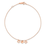 14k Rose Gold 3 Heart Dangles Anklet Plus Extender