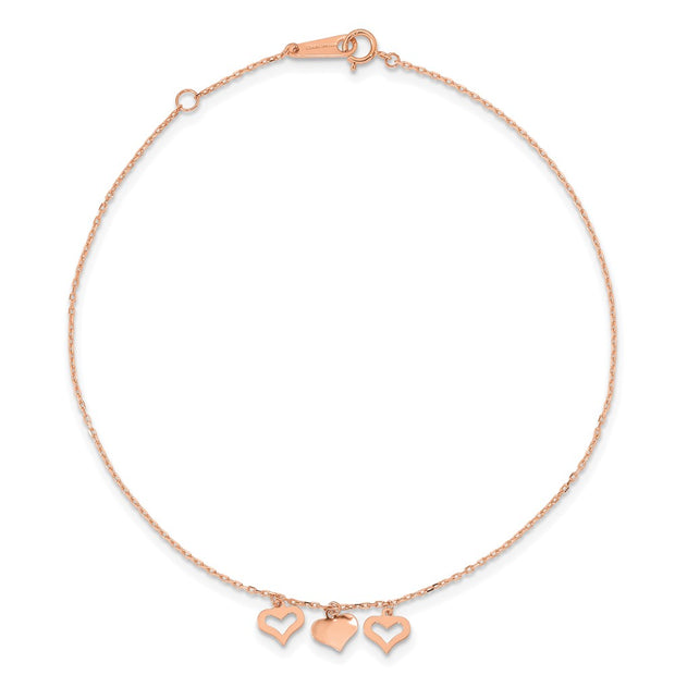 14k Rose Gold 3 Heart Dangles Anklet Plus Extender