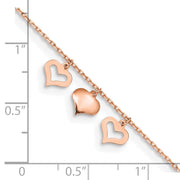 14k Rose Gold 3 Heart Dangles Anklet Plus Extender