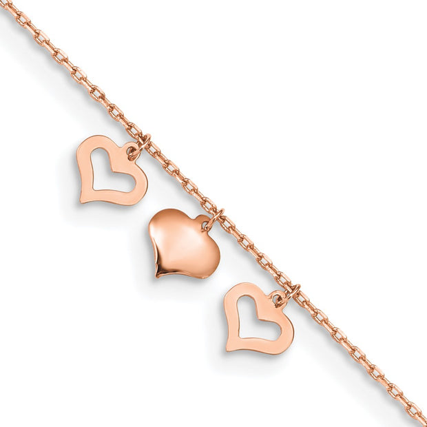 14k Rose Gold 3 Heart Dangles Anklet Plus Extender
