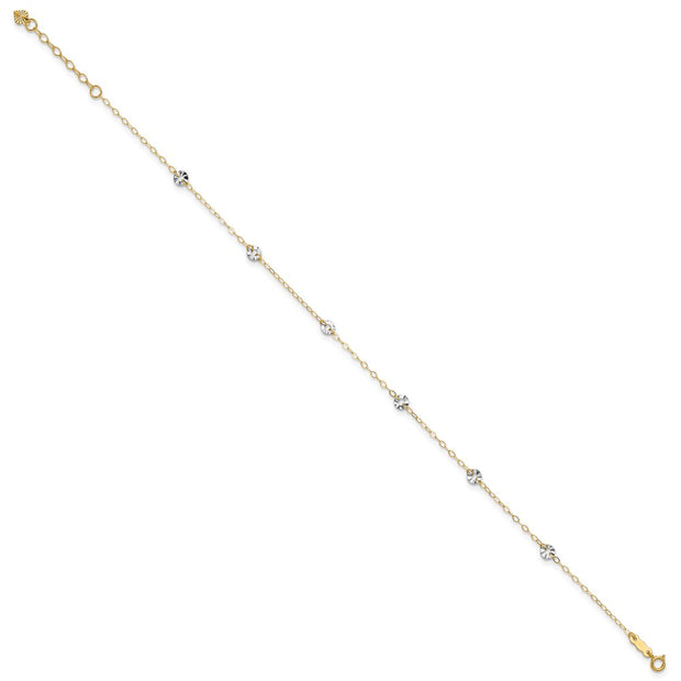 14K Two-tone Oval Cable Chain and Wavy Circles 6-Station Anklet Plus Heart Dangle Extender