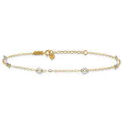 14K Two-tone Oval Cable Chain and Wavy Circles 6-Station Anklet Plus Heart Dangle Extender