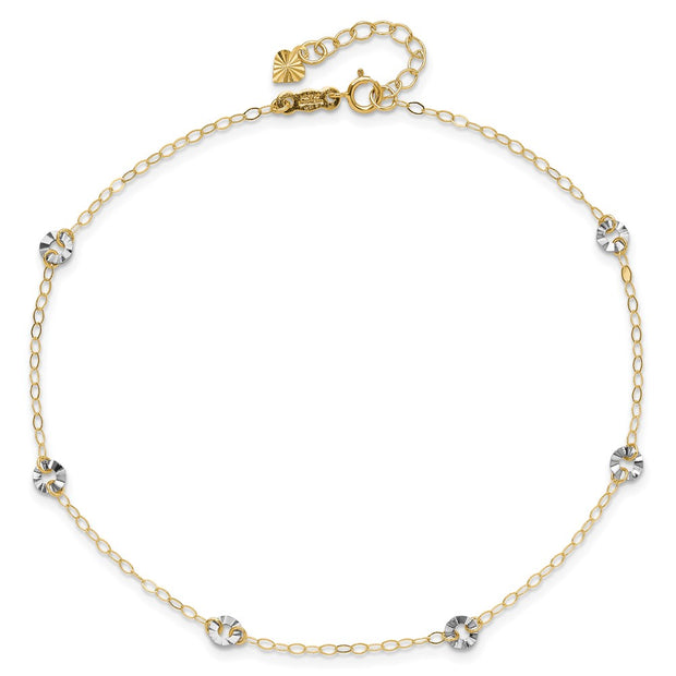 14K Two-tone Oval Cable Chain and Wavy Circles 6-Station Anklet Plus Heart Dangle Extender