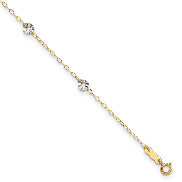 14K Two-tone Oval Cable Chain and Wavy Circles 6-Station Anklet Plus Heart Dangle Extender