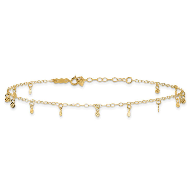 14K Oval Cable Chain with Diamond Cut Dots Anklet Plus Heart Dangle Extender