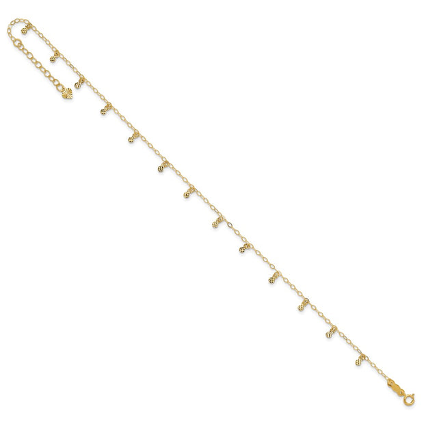14K Oval Cable Chain with Diamond Cut Dots Anklet Plus Heart Dangle Extender