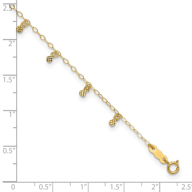 14K Oval Cable Chain with Diamond Cut Dots Anklet Plus Heart Dangle Extender