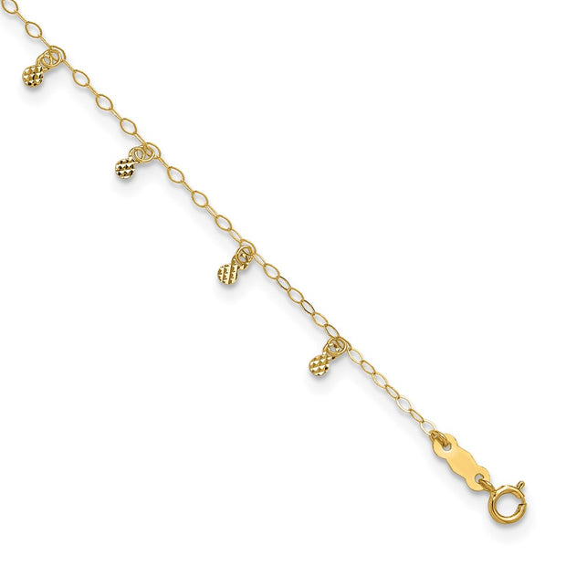 14K Oval Cable Chain with Diamond Cut Dots Anklet Plus Heart Dangle Extender