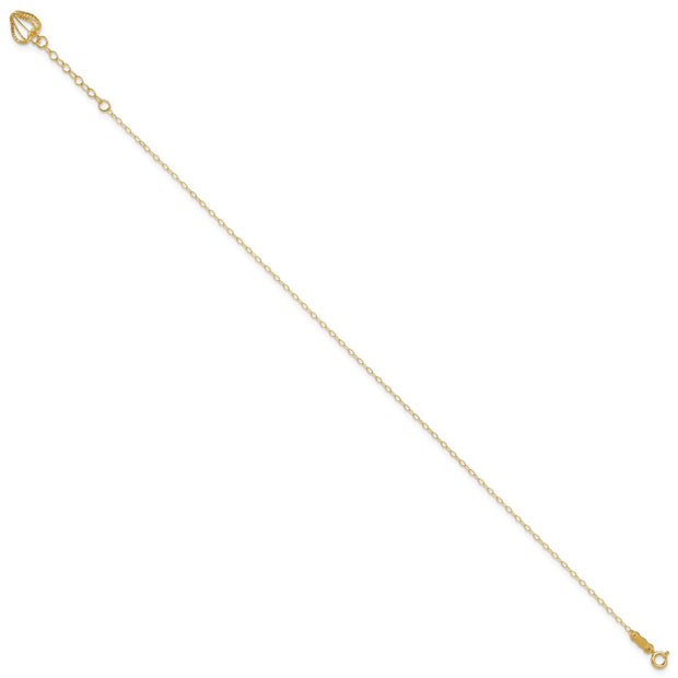 14K Oval Link Chain with Diamond-cut Heart Cage Dangle Anklet Plus Extender
