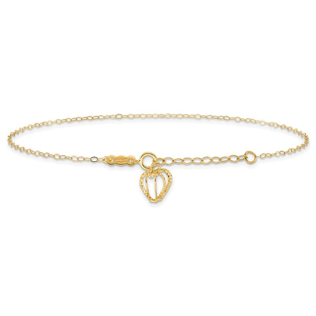 14K Oval Link Chain with Diamond-cut Heart Cage Dangle Anklet Plus Extender