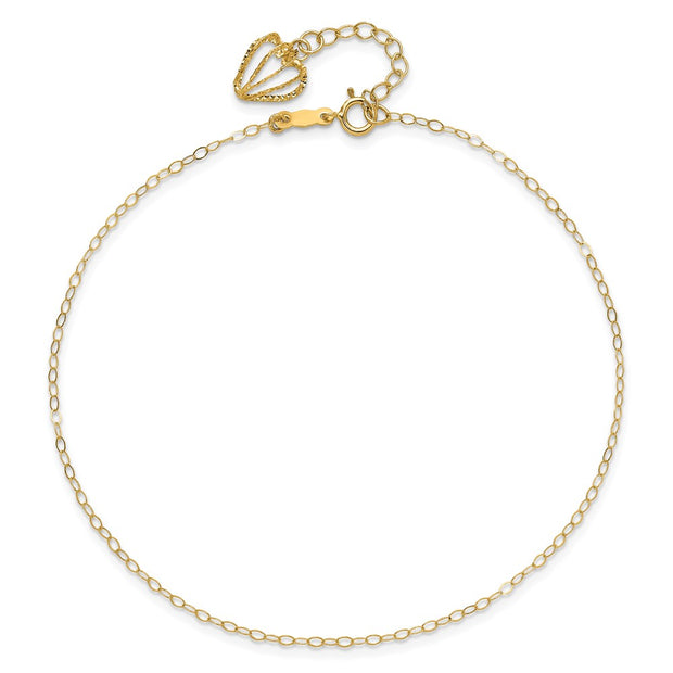 14K Oval Link Chain with Diamond-cut Heart Cage Dangle Anklet Plus Extender
